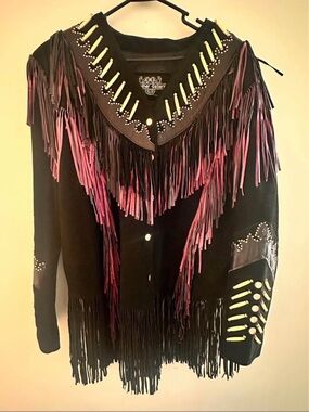 STUNNAH!! Women's Vintage Suede Black Fringe Jacket with Pink and Purple Accents